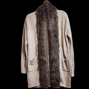 XOXO Tan Faux Fur Open Front Long Sleeve Cable Knit Cardigan Size XL Luxury